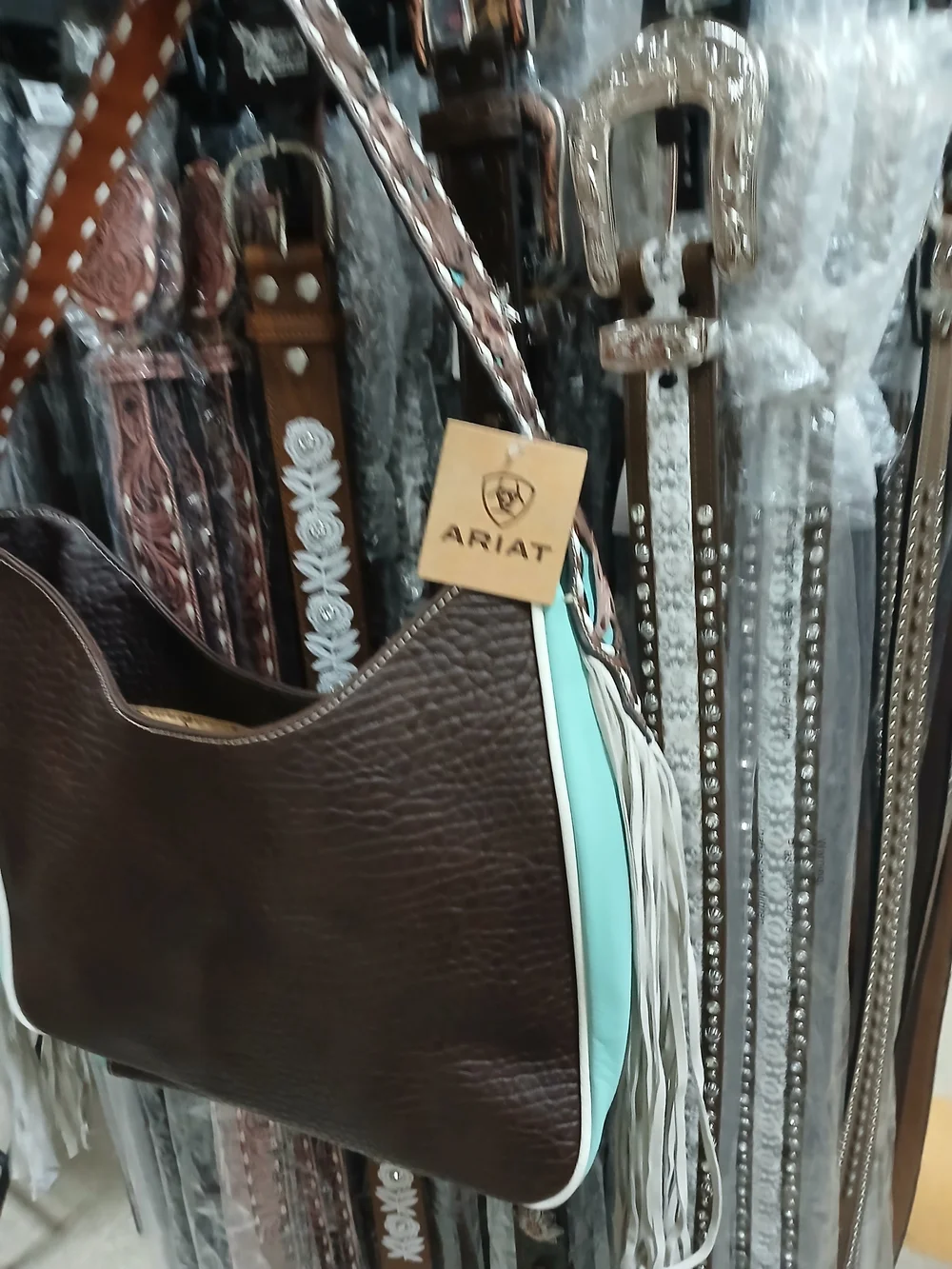 Ariat Brown Leather Hobo with Turquoise Trim and Fringe